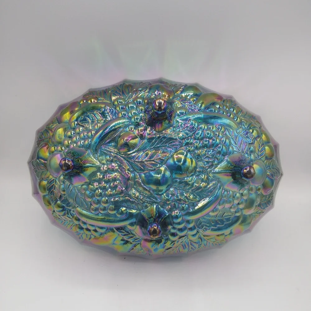 Indiana Glass Harvest Grapes Carnival Iridescent Blue Footed Large Oval Bowl - Picture 4 of 11